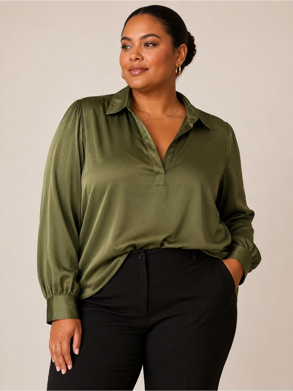 Banana Republic XL Tall Olive Satin Blouse Long Sleeve Office Top